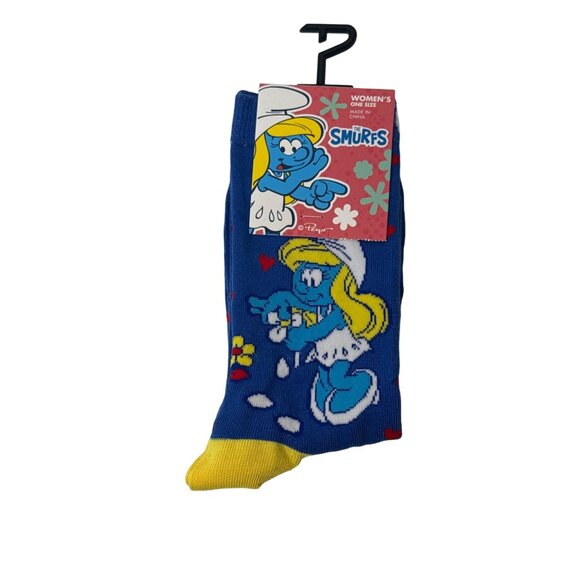 Smurfs Crew Socks One Size Women Blue Cartoon Graphic Fun Colorful Novelty Gift - Picture 1 of 5